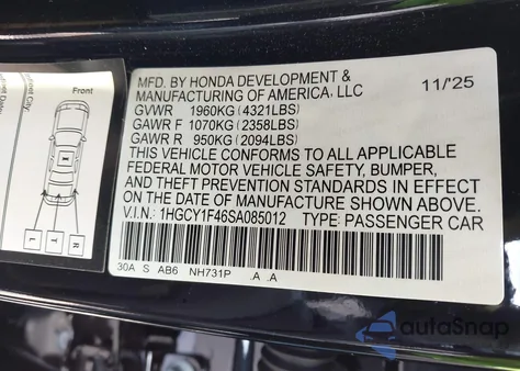2025 Honda Accord Se from USA, damaged, VIN 1HGCY1F46SA085012